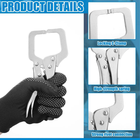 Six Inch Locking C Clamp Set, 6 Pack, Adjustable Alloy Steel C Clamps with Regular Tips, shown in hand and parts detail