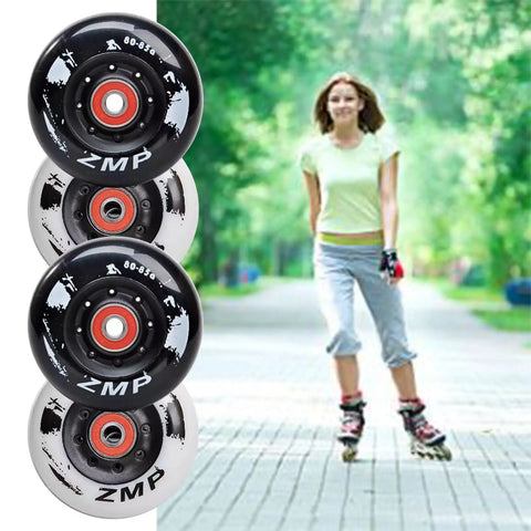 Inline Skate Wheels 4 Pack With Bearings For Outdoor And Indoor Use 72mm 76mm 80mm 85A Hardness Black Replacement Roller Blade Wheels For Smooth Cruisin And Durable Daily Rides shown next to skater on a path.