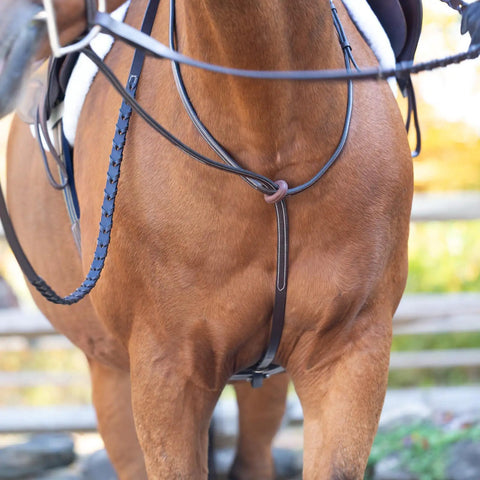 Adjustable Leather Standing Martingale With Stainless Steel Hardware For Pony, Chocolate Brown, on a pony in a natural setting