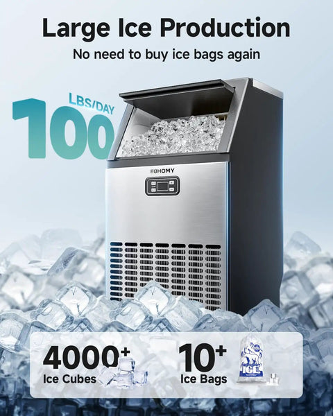 Heavy Duty Commercial Ice Maker Machine Delivers 100 Lbs Per Day, Stainless Steel design with ice cubes visible