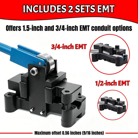 Heavy Duty 2-In-1 Emt Pipe Bender With Offset Design showing dual sets for 1.5-inch and 3/4-inch EMT conduits.