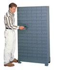 Heavy Duty Cold Rolled Steel Storage Cabinet With 72 Easy Glide Drawers being operated by a user, gray color and durable construction.