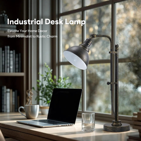 Rustic Bronze Adjustable Desk Lamp With Industrial Metal Task Lighting, 25 To 29 Inch Reach in a home office setting