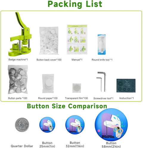 Super Easy Button Maker Machine Kit For Craft Lovers That Works Like Magic And Comes Complete With One Inch Badge Press Tools and plastic backings.