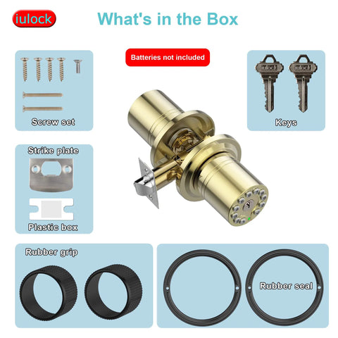 Smart Door Knob With Keypad And Key Keyless Entry Lock With Rubber Grip Auto Lock 50 User Codes Waterproof Easy To Install And Program For Bedroom Garage Office Or Gate Golden in packaging with keys and accessories.