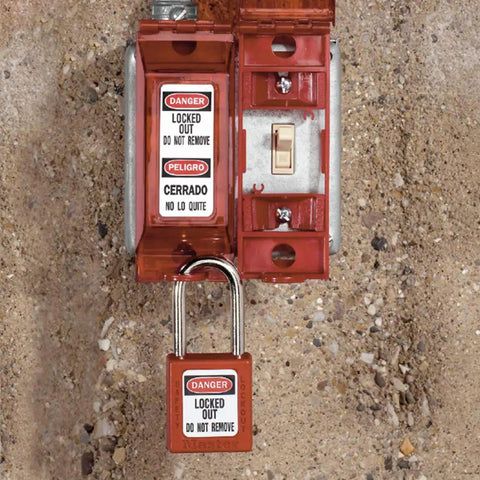 Lockout Tagout Universal Wall Switch Cover Red Keeps It Locked On Or Off For Electrical Safety 0.312 In Shackle Diameter Hinges Open For Unobstructed Normal Operations And Locks Out Both Toggle And Paddle Switches