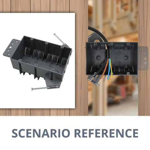Hassle Free 3 Gang Pvc Nail On Electrical Box With Built In Living Hinges For Straight Line Wiring No Knockout Headaches 44 Cubic Inch Volume Two Hour Fire Rated EtL Certified New Work Outlet Gray Single Pack installed with wiring.