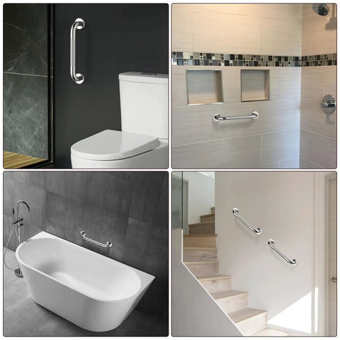 12 Inch No Slip Shower Grab Bar Handle Stainless Steel Chrome Finish Knurled Bathroom Safety Hand Rail Support For Seniors Handicap Elderly Injury Prevention Easy Secure Install visible in bathroom and stair settings.