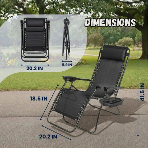 Zero Gravity Lounge Chair For Poolside And Patio Adjustable Reclining Steel Mesh Folding Recliner With Pillow And Cup Tray Outdoor Camping Beach Chair Black on grass with dimensions