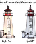 Peggy's Cove Lighthouse Tiffany Style Stained Glass Accent Table Lamp Night Light for Home Decor 6x6x12 Inches Red, light on and off