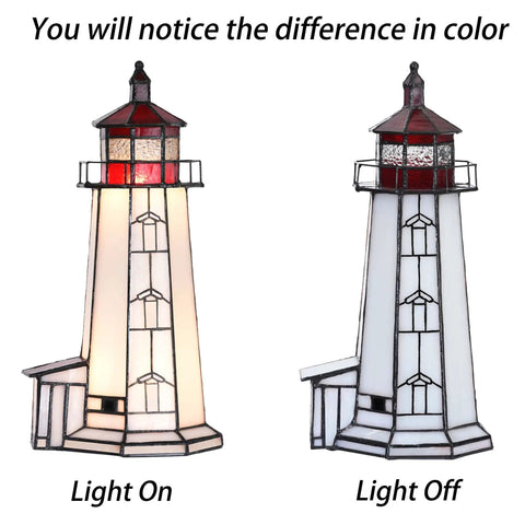 Peggy's Cove Lighthouse Tiffany Style Stained Glass Accent Table Lamp Night Light for Home Decor 6x6x12 Inches Red, light on and off