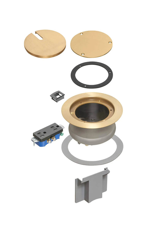 Exploded view of Recessed Power And Data Round Floor Box For Concrete Floors With Brass Finish and components