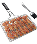 Folding Stainless Steel Fish Grill Basket For Outdoor BBQ Portable And Durable Grills Fish Veggies And Shrimp With Removable Handle Includes Basting Brush And Storage Bag Rust Resistant Camping Kitchen Essential displaying grilled chicken with basting brush on the side.