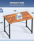 40 Inch Small Computer Desk With Metal Frame For Gaming Studying And Work At Home Office Modern Brown Woodgrain Surface Scratch And Water Resistant X Shaped Reinforced Design Ideal For Bedroom Or Study, showing dimensions and weight capacity of 265 lbs.