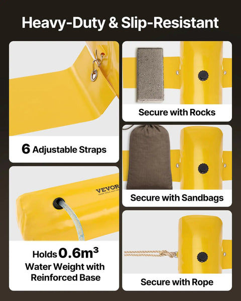 Pro Grade Flood Barrier System For Home Protection, Easy Fill Sandbag Alternative, yellow PVC water diversion tubes