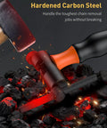 Close-up of Heavy Duty Bike Chain Breaker Tool on hot coals, showcasing hardened carbon steel body and ergonomic handle.