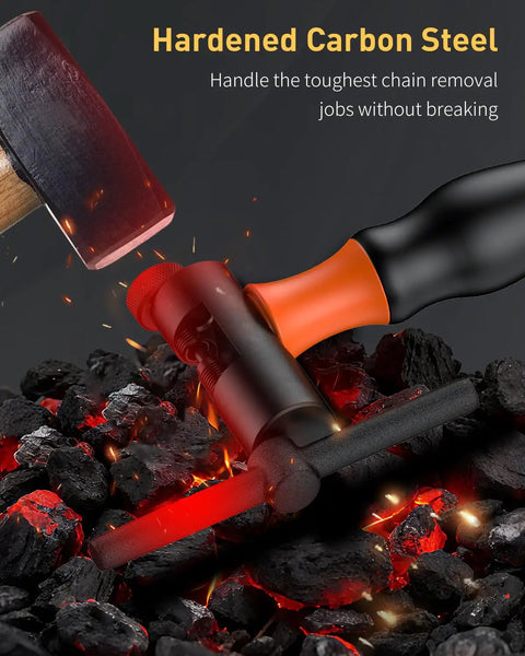Close-up of Heavy Duty Bike Chain Breaker Tool on hot coals, showcasing hardened carbon steel body and ergonomic handle.