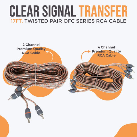 Beefy 1000W Car Amp Install Kit RCA cables, 17ft twisted pair with copper clad aluminum, for dual amps