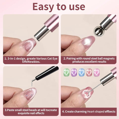Cat Eye Nail Magnet Set Four Piece For Nail Art Black Bead Attracting Magnet Pink Dual Ended Nail Magnet with heart designs