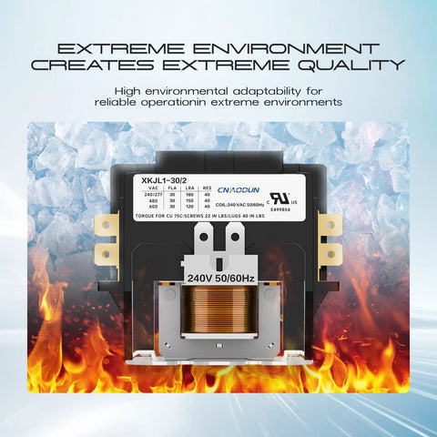 2 Pole 30 Amp 240V HVAC Contactor with 600VAC Rating, flame retardant housing for condensers, compressors, and heat pumps