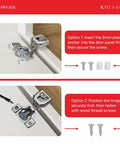 Installation guide for 40 Pack Soft Close Cabinet Hinges For Face Frame Doors, showing hinge placement and screw options.