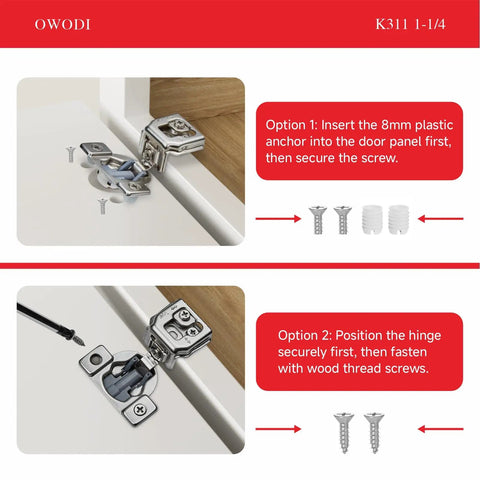 Installation guide for 40 Pack Soft Close Cabinet Hinges For Face Frame Doors, showing hinge placement and screw options.