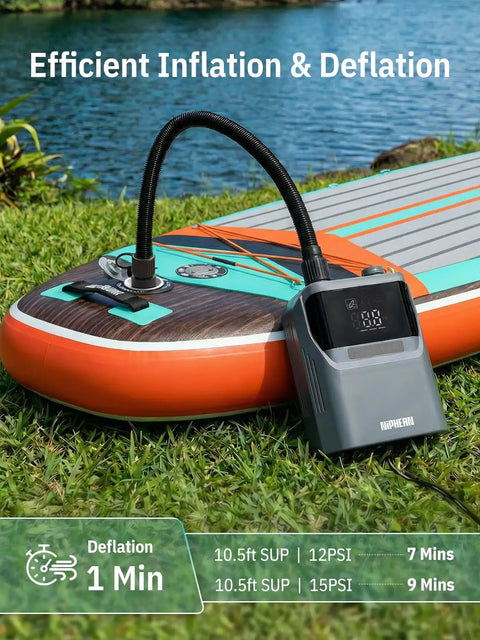 Electric Paddle Board Pump With Automatic Dual Stage Inflation Deflation 50 PSI 12V Car Outlet Fast SUP Inflator For 10 Foot 6 Inch Boards In Minutes Now inflating paddle board on grass by lake