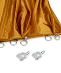 Smooth Operation Curtain Track Pulley Set Featuring Rock Solid Plastic Double Wheel Rollers For Seamless Sliding On Straight Or Curved Tracks Zero Hassle Easy DIY Fix with gold fabric and roller hooks.