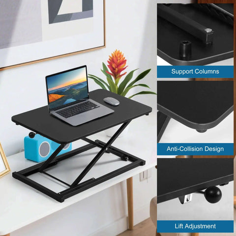 Height Adjustable Standing Desk Converter with 13.3 x 23.6 inch desktop for home office featuring support columns and lift adjustment.