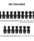 Set of universal impact sockets, metric 10mm-19mm, SAE 3/8"-3/4", from Three Eighths Inch Drive Impact Socket Set, 87 Piece