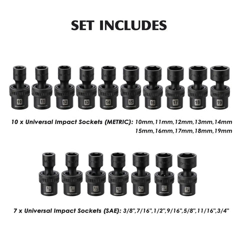 Set of universal impact sockets, metric 10mm-19mm, SAE 3/8"-3/4", from Three Eighths Inch Drive Impact Socket Set, 87 Piece