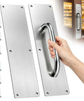 Top Shelf 12 Inch Corrosion Resistant Stainless Steel Door Pull Handle And Push Plate with mounting screws and grip for easy use.