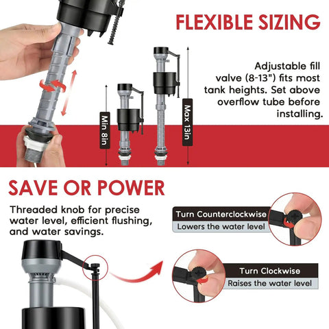 Toilet Flush Valve Replacement Kit With Height Adjustable Fill Valve And No-Fuss Threaded Flow Control Knob, 2-Inch Flapper, Handle