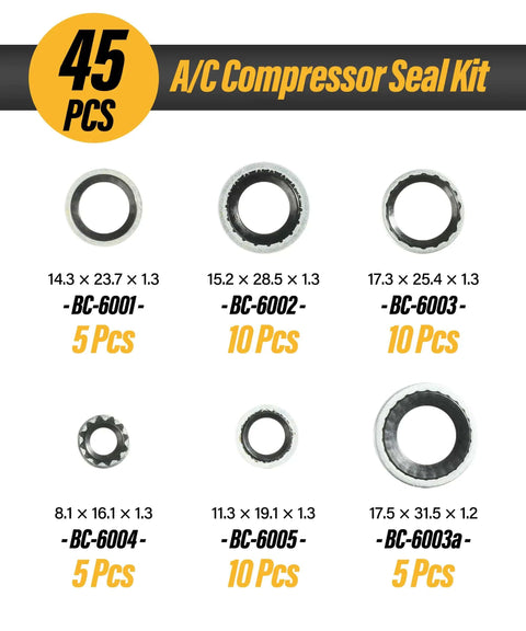 45 Piece Auto A C Gasket And Seal Kit With Self Centered Bonded Seals And Port Washers shown with sizes and quantities.