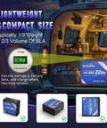Lightweight 12V 22Ah LiFePO4 battery with LCD inside van, showing voltage and capacity bars for outdoor activities.