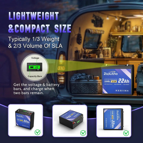 Lightweight 12V 22Ah LiFePO4 battery with LCD inside van, showing voltage and capacity bars for outdoor activities.