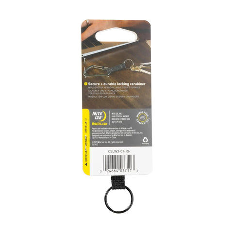 SlideLock Aluminum Locking Carabiner Key Ring With Nylon Strap on retail packaging, back view