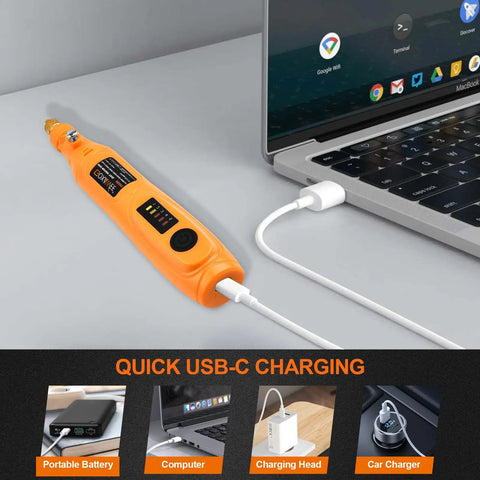 Hella Precise Mini Cordless Rotary Tool Kit With 105 Pieces Variable Speed Micro Drill Grinder connected to a laptop for USB-C charging.