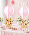 Bear Themed Hot Air Balloon Centerpiece Kit For Baby Shower And Gender Reveal With 6 Pink Paper Lanterns and Plush Bears.