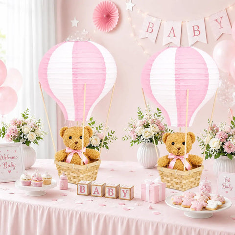 Bear Themed Hot Air Balloon Centerpiece Kit For Baby Shower And Gender Reveal With 6 Pink Paper Lanterns and Plush Bears.