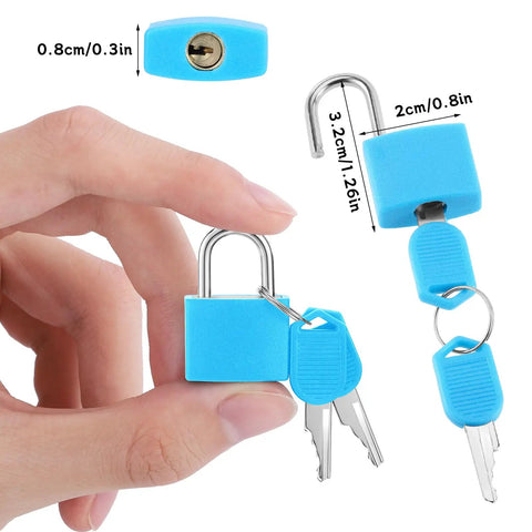 Hand holding a blue lock from the Six Pack Multicolor Mini Luggage Locks With Keys For Lockers And Suitcases, with keys shown