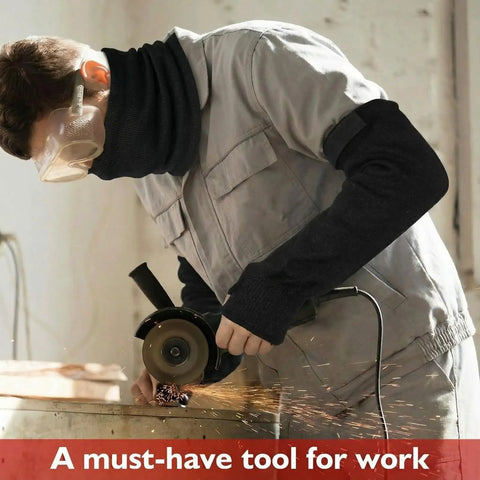 Heavy Duty Welding Sleeves And Neck Guard Set Built Tough For Cut Heat And Flame Defense worn by worker using grinder in workshop.