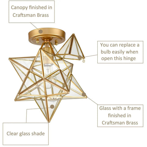 Brass Moravian Star Ceiling Light Flush Mount With Clear Glass Shade showcasing hinged design for easy bulb access.