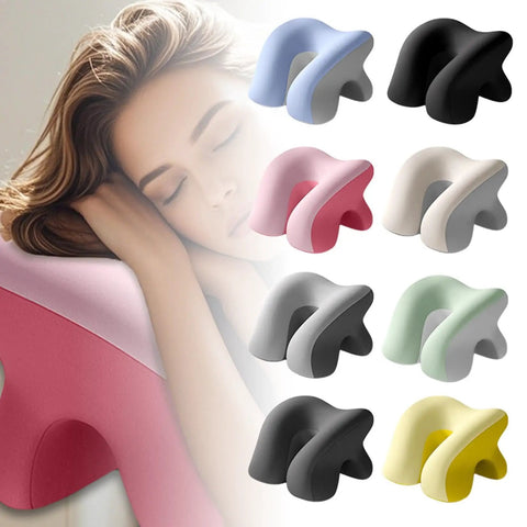 Variety of Ultra Comfy Memory Foam Desk Pillow For Naps And Ergonomic Neck Support in multiple colors with sleeping woman