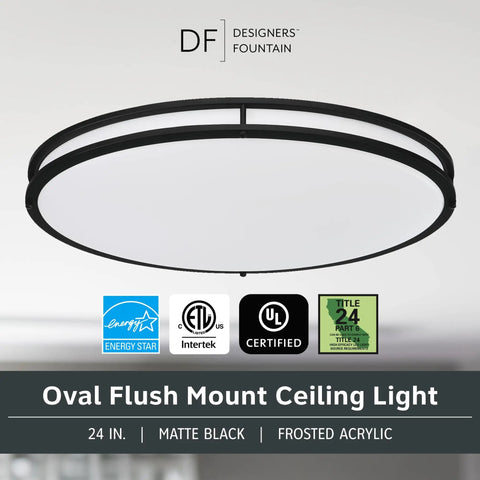 Matte Black 24 Inch Oval LED Flush Mount Ceiling Light with certifications shown
