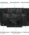 Back view of All In One Weather Station With Full Color LCD And Atomic Time Tracks Indoor And Outdoor Temperature Humidity With 330 Ft Wireless Sensor Customizable Alerts Min Max Readouts Mold Indicator And Color Forecast Icons, showing vents, hanging holes and ports.