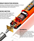 Cutaway view of a 120-In-1 Mini Electric Screwdriver Set showing miniaturized design, micro motor, and gearbox components.