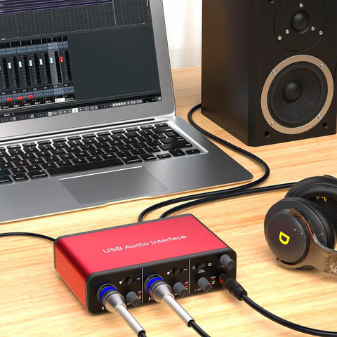 USB-C Audio Interface For Recording Podcasting And Streaming With 24Bit 192kHz Sound 48V Phantom Power Plug And Play on desk