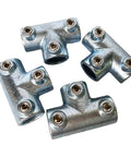 Half Inch Galvanized Steel Pipe Tee Connector 4 Pack Three Socket Joint Fittings for DIY railings and shelving projects.