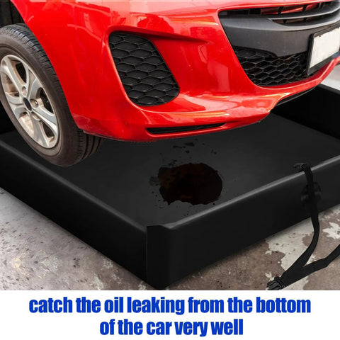 Folding Duck Pond 4x4 Portable Spill Containment Berm Wall under vehicle catching oil leak, black PVC-coated.